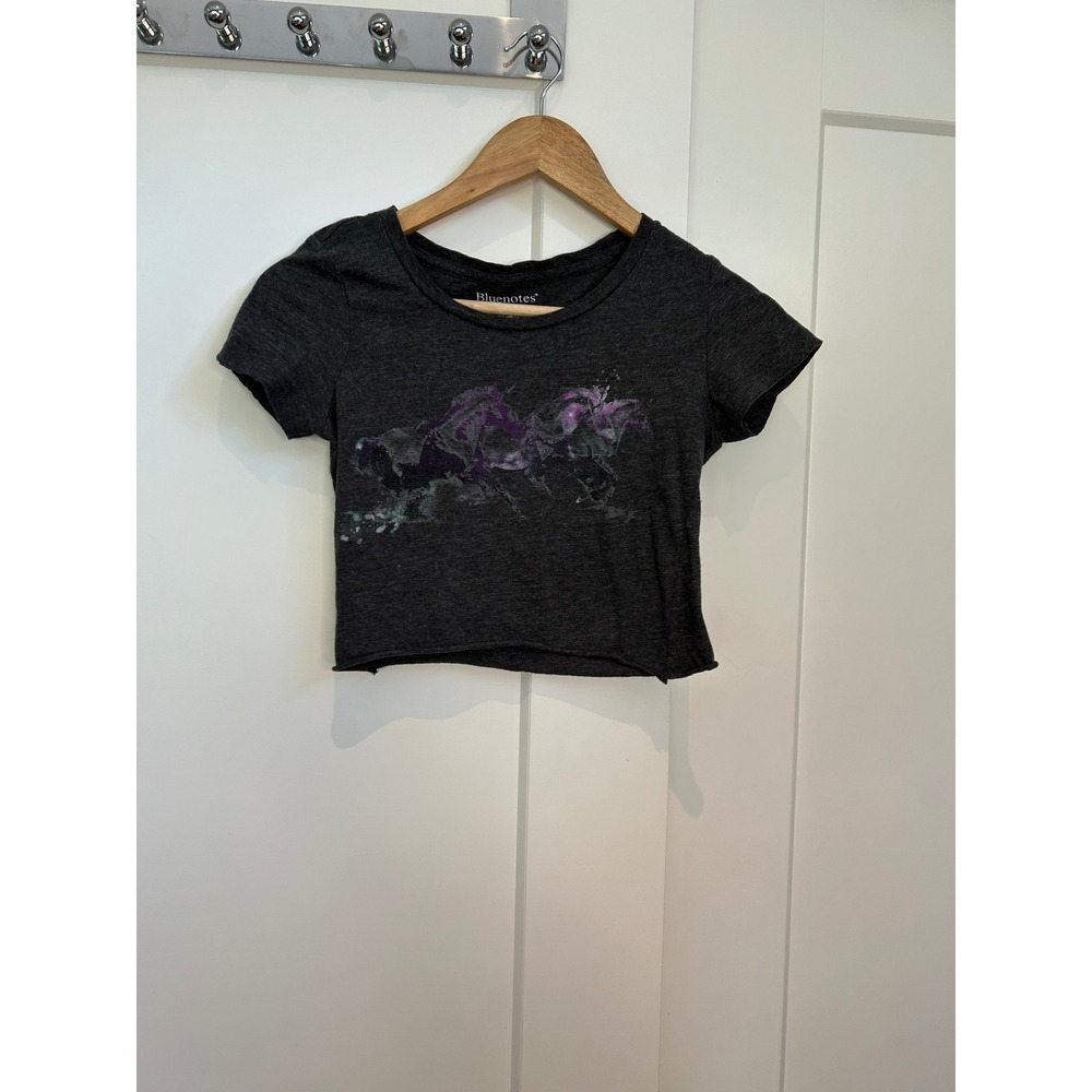 Bluenotes Womens Charcoal Grey Horse Graphic Crop Top Baby Tee Size S Small
